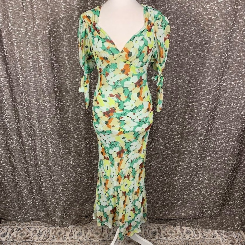 Anthropologie Floral Short-Sleeve V-Neck Slip Midi Dress Puff Tie Sleeve XXS
